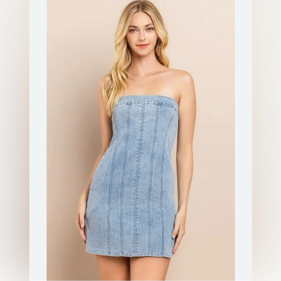 Asos Strapless Denim Mini Dress With Slit Hem - Picture 12 of 13